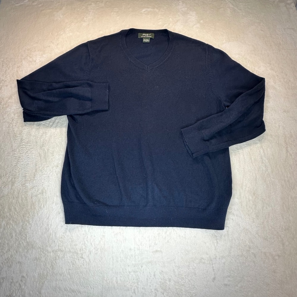 Eddie Bauer Mens Navy Blue Cotton Cashmere V-Neck Sweater Size Small